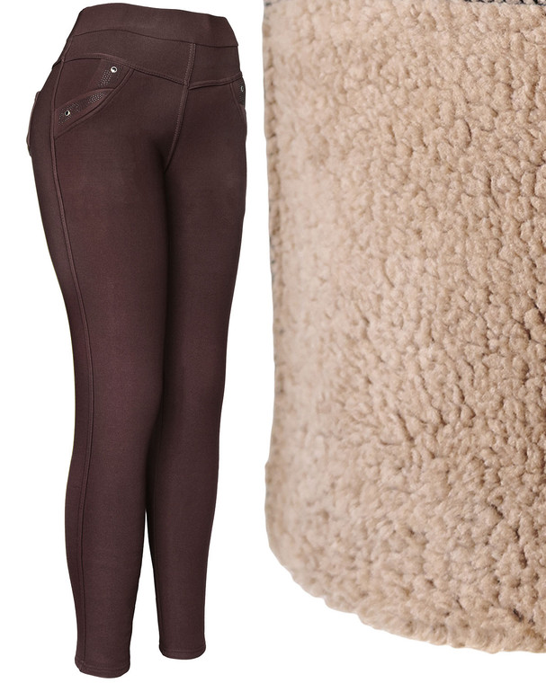 Women's Winter Plush Lined Thick Trouser Brown Pants - Dressy Leggings