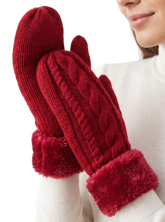 Winter Fleece Burgundy Lined Warm Cuffed Mittens Gloves Cozy Braid Knit Mittens