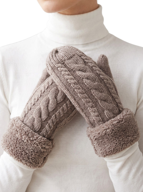 Winter Fleece Khaki Lined Warm Cuffed Mittens Gloves Cozy Braid Knit Mittens