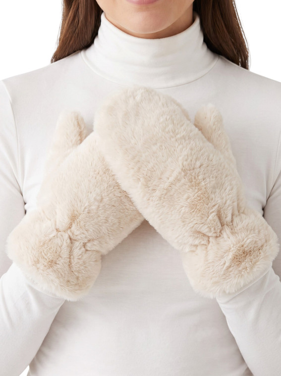 Cream Faux Fur Thick Plush Lined Winter Mittens Cold Weather Gloves Super Warm