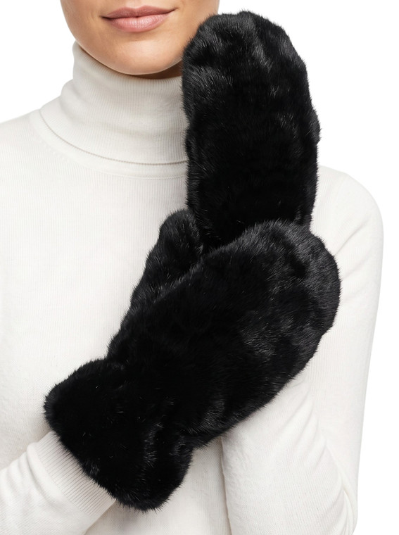 Black Faux Fur Thick Plush Lined Winter Mittens Cold Weather Gloves Super Warm