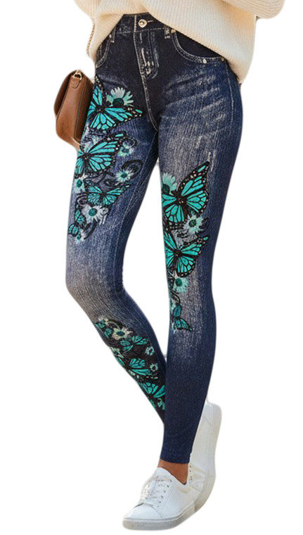 Blue Butterfly with Sparkles High Waist Women's Denim Print Fake Faux Jeans Leggings Pants