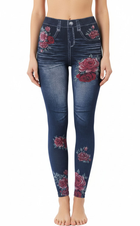 Women's Red Rose Denim Print Fake Faux Jeans Leggings Pants