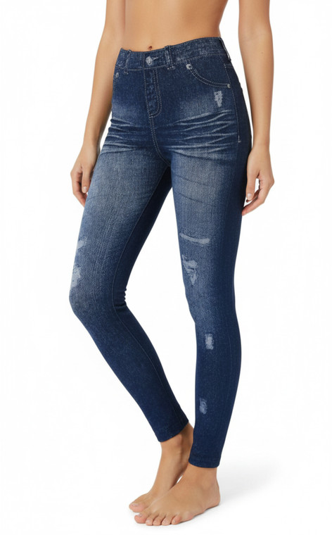 Women's Vintage Wrinkle Denim Print Fake Faux Jeans Leggings Pants
