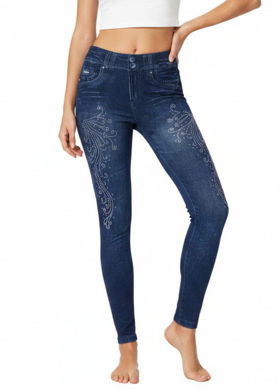 Rhinestone Wrinkle Pocket Women's Denim Print Fake Faux Jeans Leggings Pants