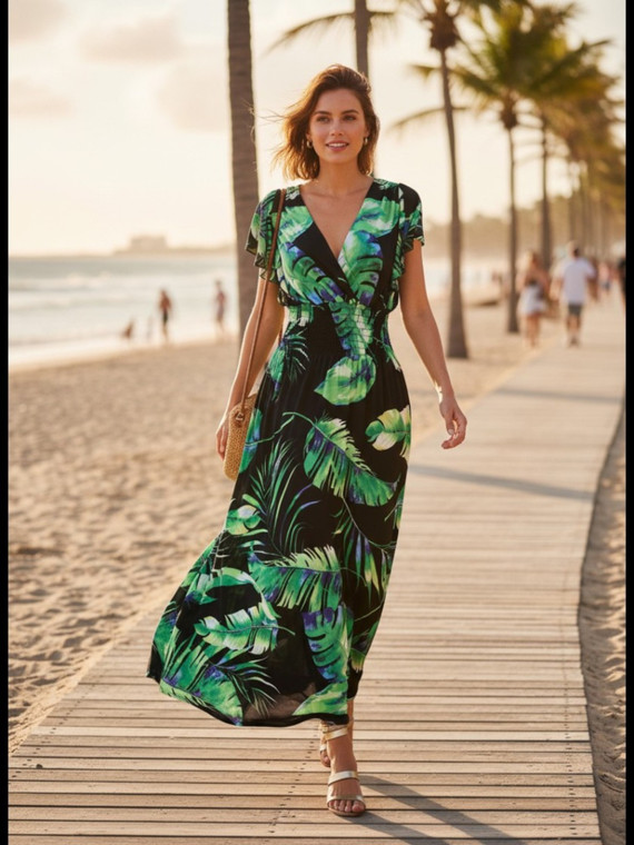 Lightweight Summer Dress. Beautiful Hawaiian themed dress that is perfect for your summer evening event . Butterfly flowy sleeves are supper flattering. Deep v neck line with smocked under bust
