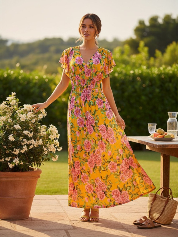 I'm in love with this butterfly sleeve pink flowers smocked summer sundress long dress! The smocking adds a touch of texture and interest to the bodice, while the butterfly sleeves and floral print gives it elegant , famine and  fashionable summer vibe.