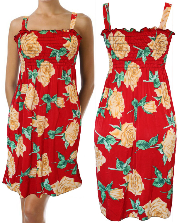 Big Roses Summer Red Sundress Beach Cover Up Sleeveless Smocked Dress