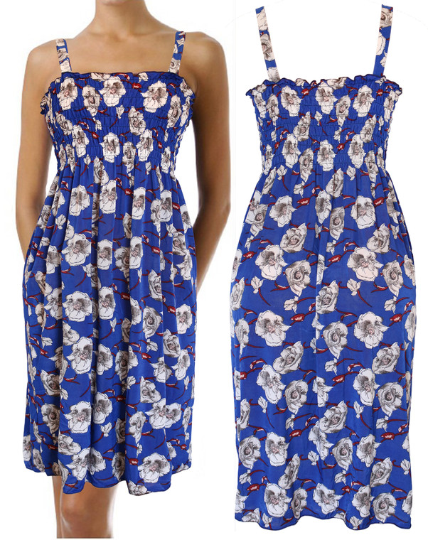 White Roses Summer Blue Sundress Beach Cover Up Sleeveless Smocked Dress