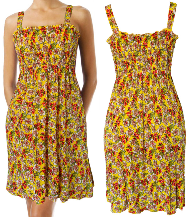 Small Flowers Yellow Beach Cover Up Sleeveless Smocked Dress