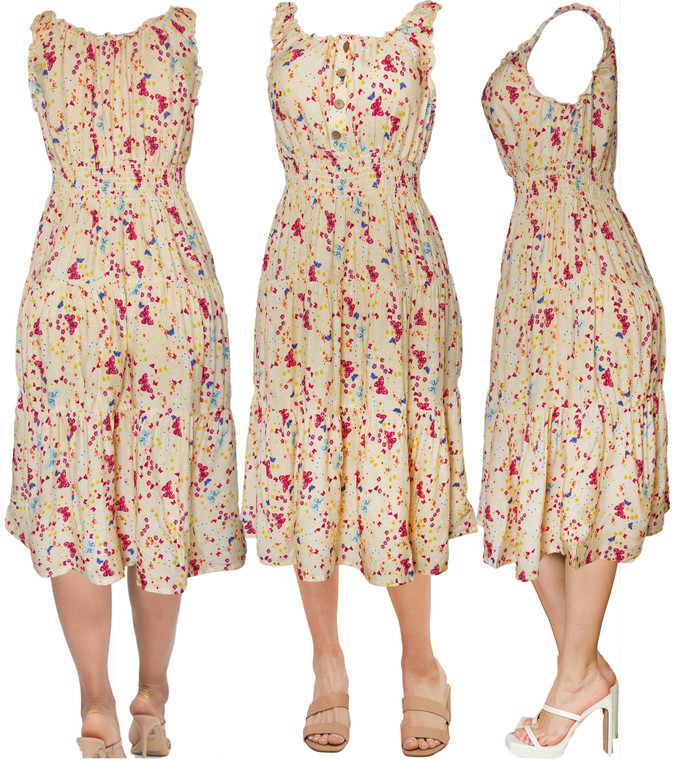 Butterfly Cream Cotton Smocked Causal Summer Dress