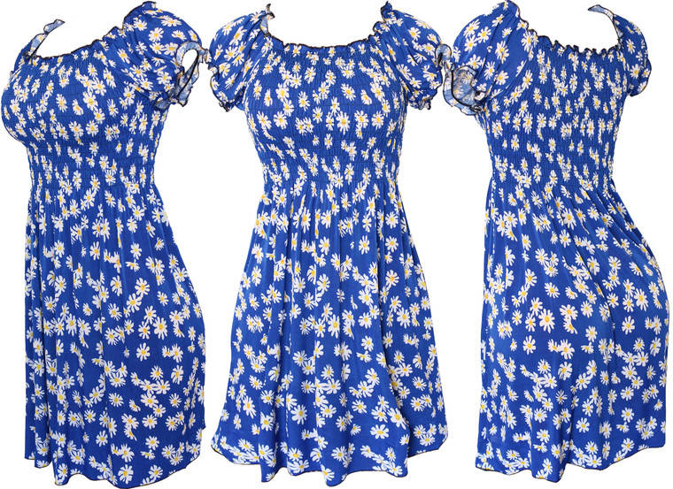 Daisy Blue Smocked Summer Short Sleeves Floral Causal Short Dress