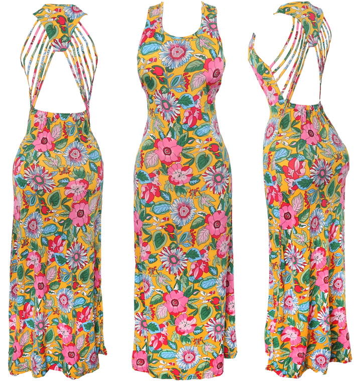Strappy Yellow Backless Floral Summer Long Maxi Party Dress