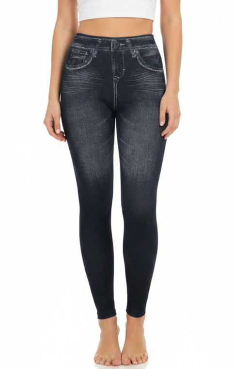 Classic Black High Waist Women's Denim Print Fake Faux Jeans Leggings Pants