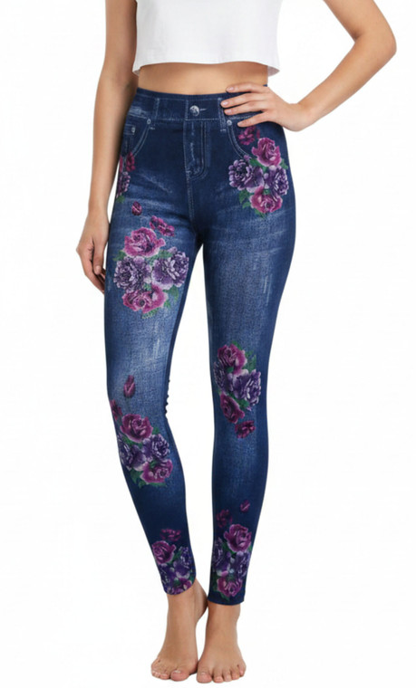 Purple Pink Sparkles High Waist Women's Denim Print Fake Faux Jeans Leggings Pants