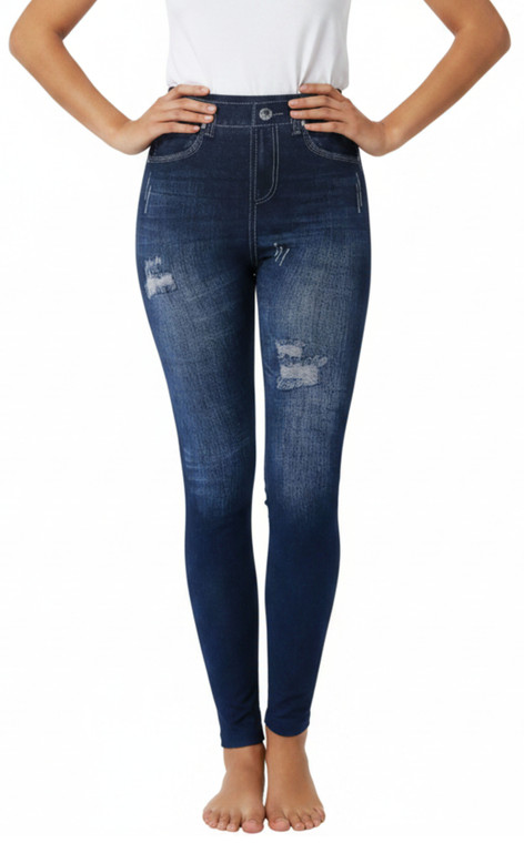Blue Heart High Waist Women's Denim Print Fake Faux Jeans Leggings Pants