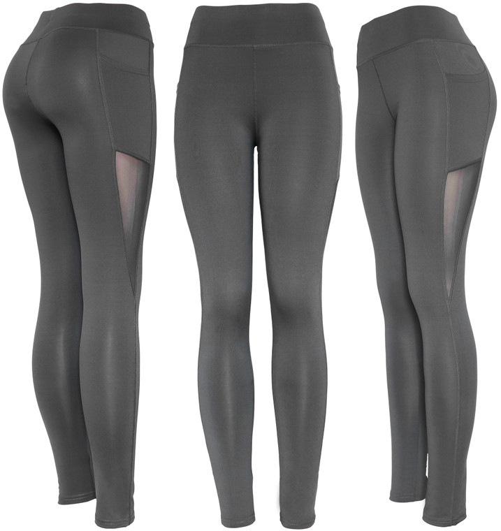 Solid Black Mesh Workout Leggings with Pockets High Waist Yoga Pants