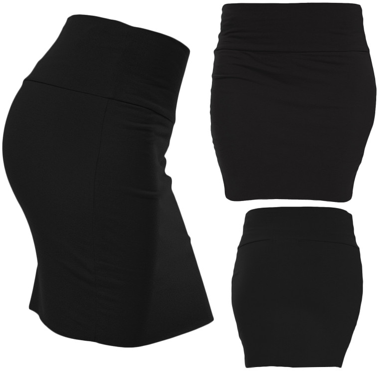 Cotton Blend Basic Black Mini Skirt with Wide Waist Band