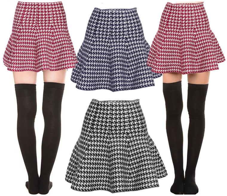 Houndstooth Winter Skater Skirt Knit Stretchy Sexy Flared Skirt