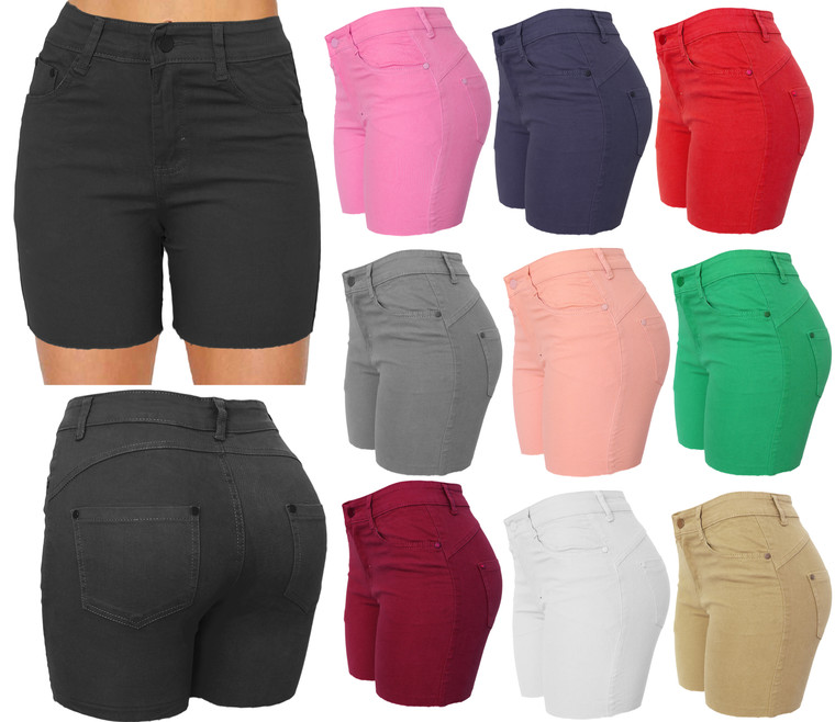 Classic jean shorts with unfinished raw hem. Basic mid waist fitted stretchy denim jean look summer shorts. Those shorts feature basic closure - button and zipper. 5 pocket style. 5 functional classic pockets. Raw unfished hem is fashionable and always in style. Those Hot pants are great for casual days, walking, party and everyday wear. Stretchy fabric! Perfect basic jean look shorts to have for ladies who love to look chick and fashionable. Works and looks great when paired with almost anything you have in your wardrobe.