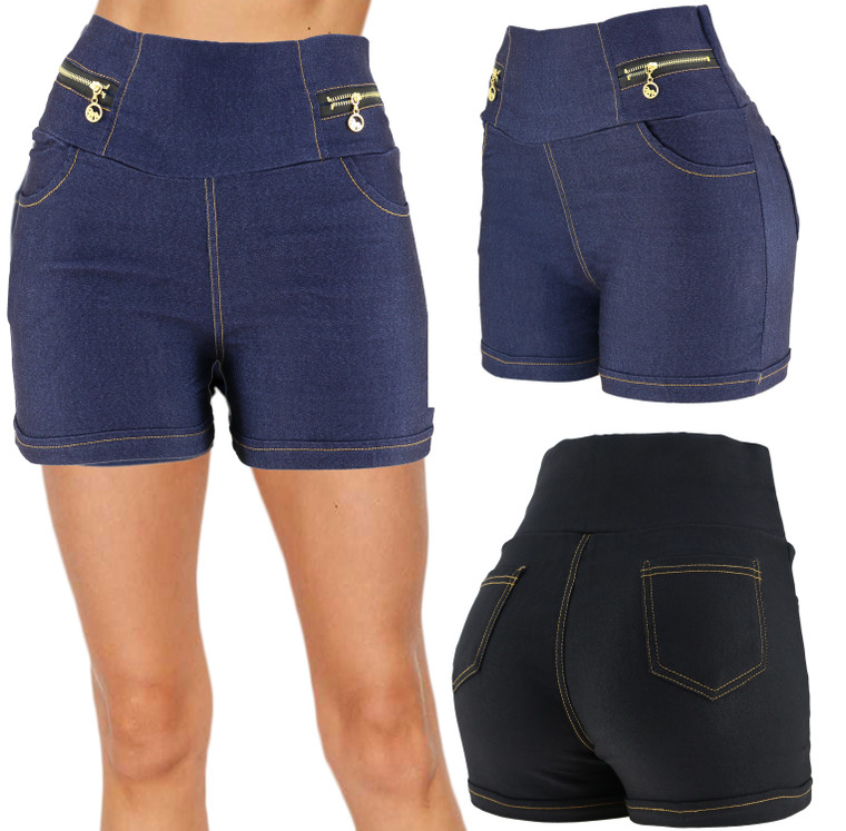 Zippers Denim Look High Waist Stretchy Cotton Shorts