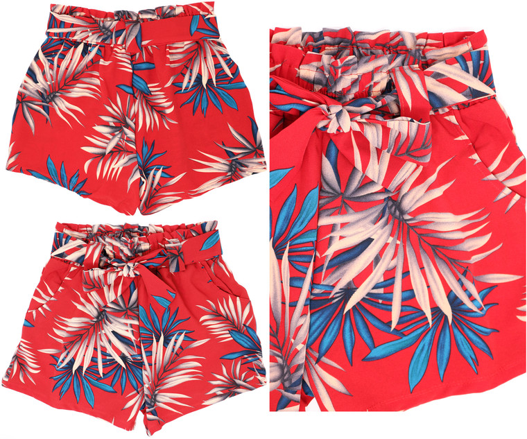 Casual Elastic Waist Tropical Red Basic Summer Shorts with Pockets