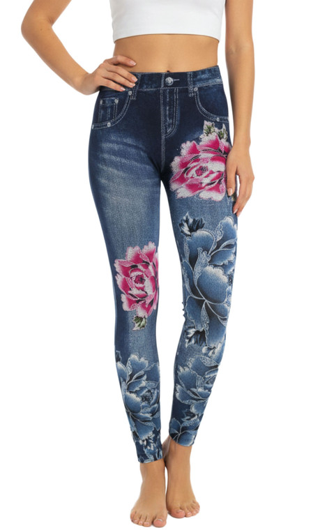 Peony with Sparkle Denim High Waist Women's Denim Print Fake Faux Jeans Leggings Pants