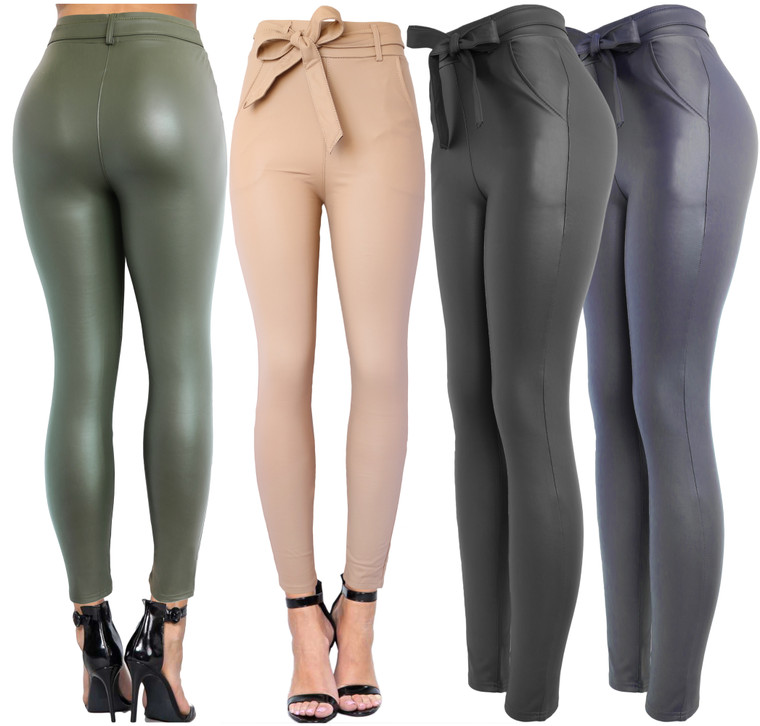 Belted High Waist Stretchy Faux Leather Leggings Sexy High Pants