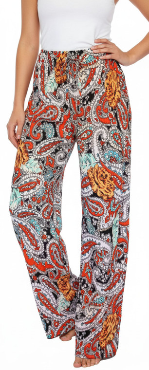Orange Paisley Pleated Palazzo Wide Leg Lounge Summer Pants