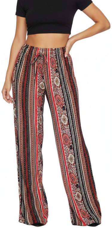 Brown Flower Aztec Pleated Palazzo Wide Leg Causal Summer Pants