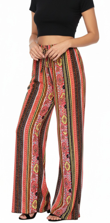 Orange Flower Aztec Pleated Palazzo Wide Leg Causal Summer Pants