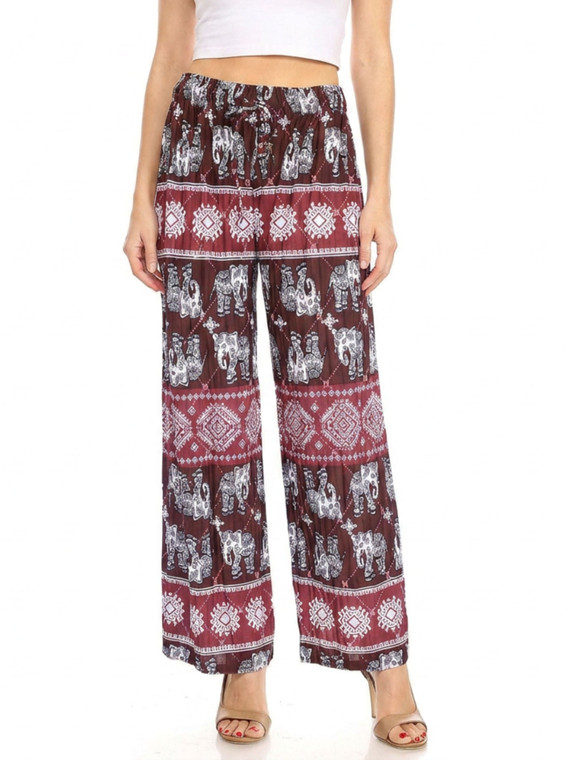 Burgundy Elephant Pleated Palazzo Wide Leg Causal Pants