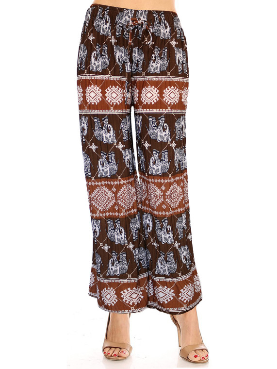 Brown Elephant Pleated Palazzo Wide Leg Causal Pants