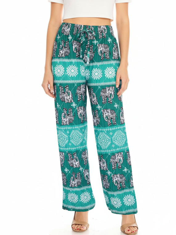 Green Elephant summer pants. These high-waisted women's pleated slinky stretchy palazzo pants are great for casual wear .The trendy loose fit and super elegant and chic colors are unique and will take your summer look to another level. The lightweight and flowing fabric is ideal for hot summer days. The wide legs combined with pleating from the waist down make these pants move like a skirt and create a flattering volume. The modern elephant design in fashionable colors can be easily dressed up or down.