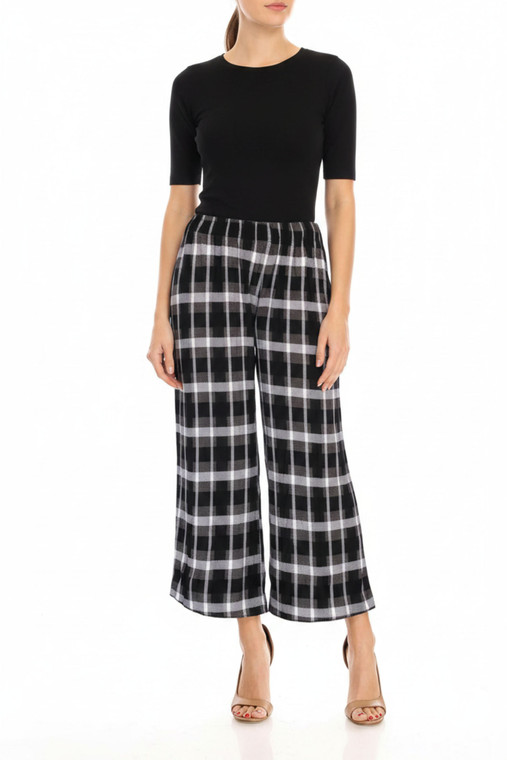 Black Plaid Culottes Above Ankle Wide Leg Palazzo Pants
