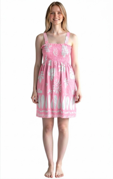 Tribal Pink  Summer Sundress Women Hawaiian Beach Cover Up Sleeveless Smocked Dress