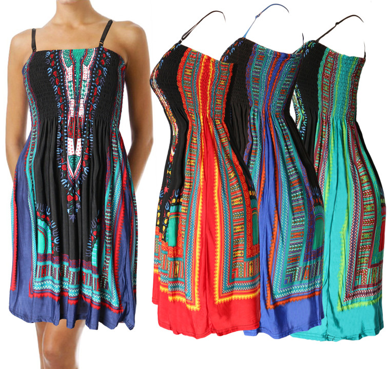 Summer Sundress for Women Ethnic Beach Cover Up Sleeveless Smocked Dress