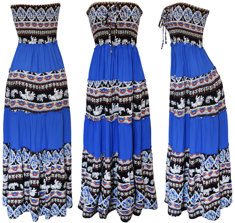 Ethnic Blue Elephant  Cotton Blend Long Summer Smocked Strapless Gypsy Dress