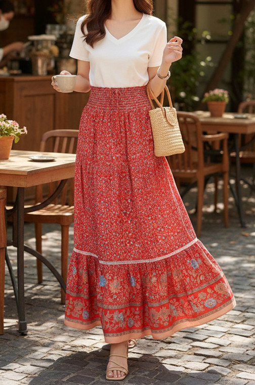 Folk Long Red Skirt Smocked Waist Floral Ruffle Hem Bohemian Gypsy Skirt