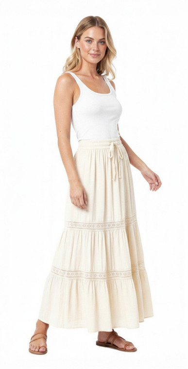 Cotton Blend White Solid Flared Boho Gypsy Skirt Long Maxi Skirt Bohemian Skirt