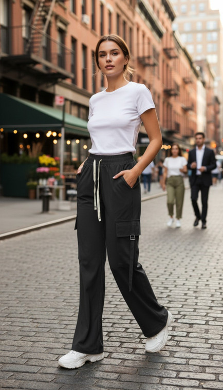 Black Cargo Pants for Women. Hiking pants for ladies who loves comfort and practicality. Stretchy loose pants are quick drying summer pants.