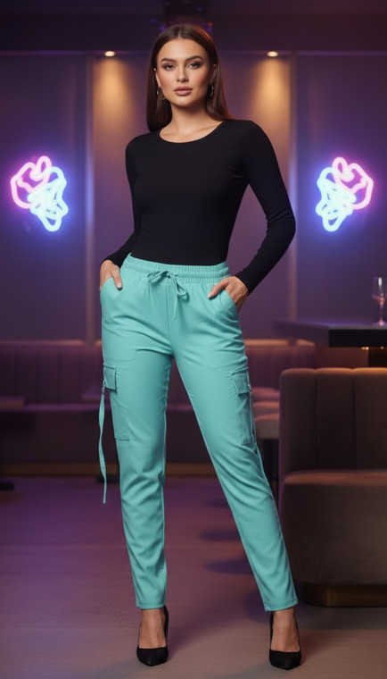 Mint Blue Jeggings pants with Cargo Pockets . Cargo Pants with elastic waist. Slim cargo pants .