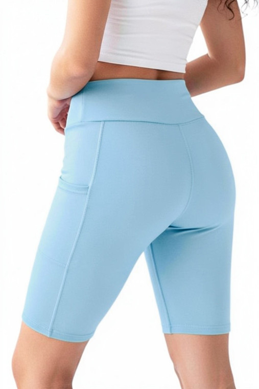 Sky Blue  gym shorts. Those shorts are designed for ladies that are super active and fashionable. Stretch and cool comfort workout biker shorts. Great Bermuda shorts for riding your bike, running or attending yoga class.  Ideal length - 8.5" provides control of coverage yet allows you to freely move and exercise. Perfect for your vacation gateway. You will love how great those feel on your skin. Pockets on both sides