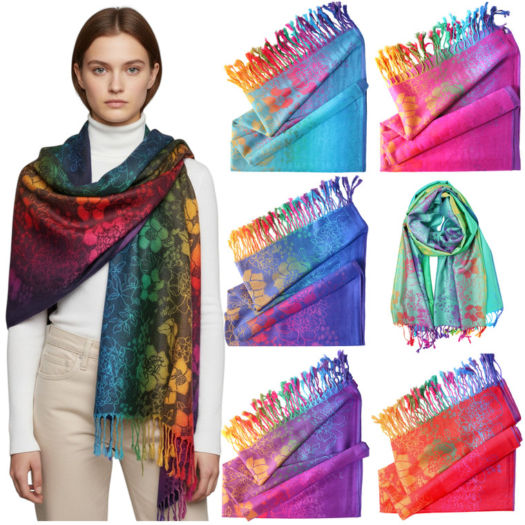 Flower Print Ethnic Colorful Soft and Silky Pashmina Scarf Shawl Rainbow Wrap