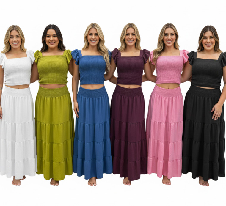Smocked Ruffle Sleeve Top and Long Maxi Panel Flowy Skirt Set
