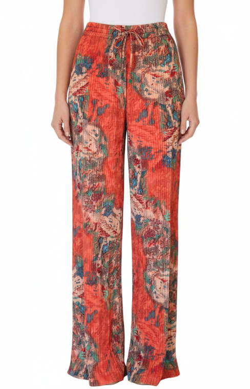 Coral Tone Wide Leg Pants Ethnic Palazzo Pants Stretchy Pleated Pants