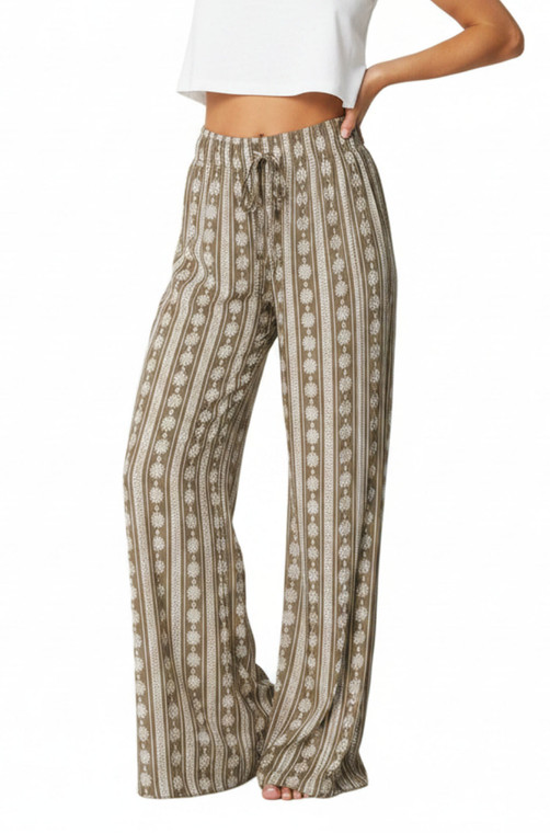 Floral Stripe Bohemia Summer Stretchy Brown Pants Palazzo Wide Leg Causal Pant