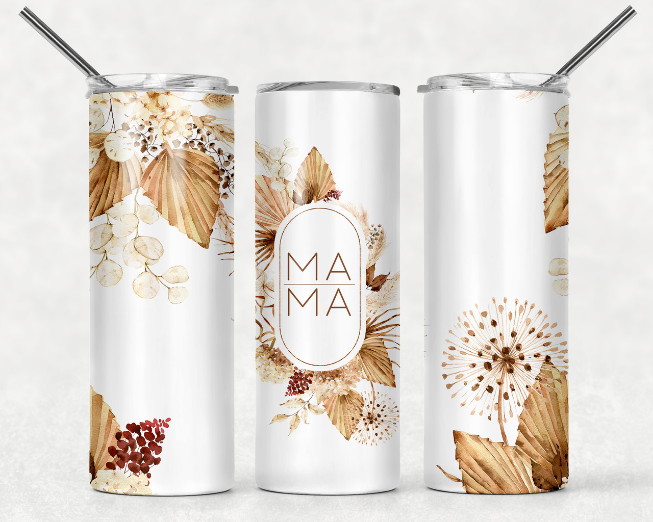 Mama Tumbler, Personalized Tumbler, Beige & White Floral 20oz Stainless  Steel Tumbler