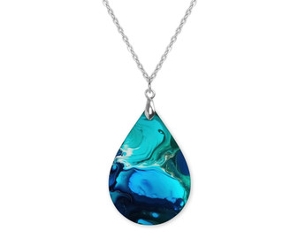 Blue Teal Paint Pour Art Teardrop Shape Necklace