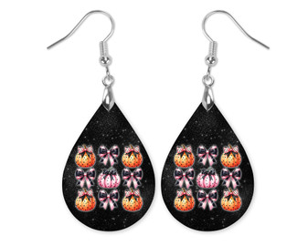 Fall Pumpkin Pink Bow Dangle Teardrop Earrings